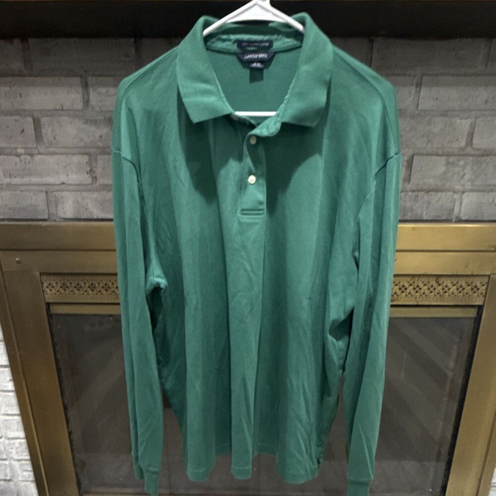 Lands' End Men's Polo Shirt XL Green Long Sleeve Solid Cotton Knit Button